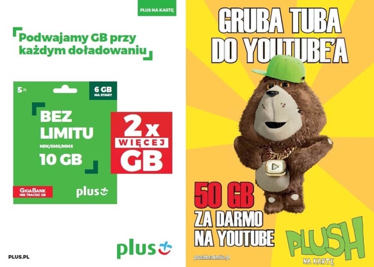 Plus - 2x więcej GB za doładowanie, Plush - 50GB transferu na korzystanie z YouTube'a