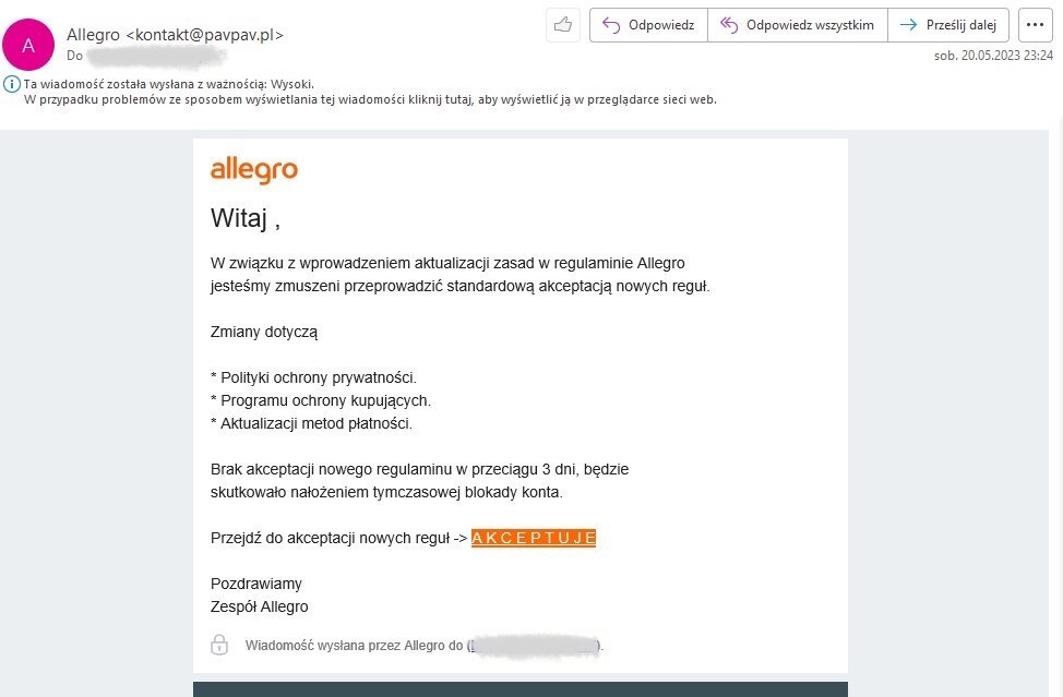 Treść e-maila podszywającego się pod Allegro