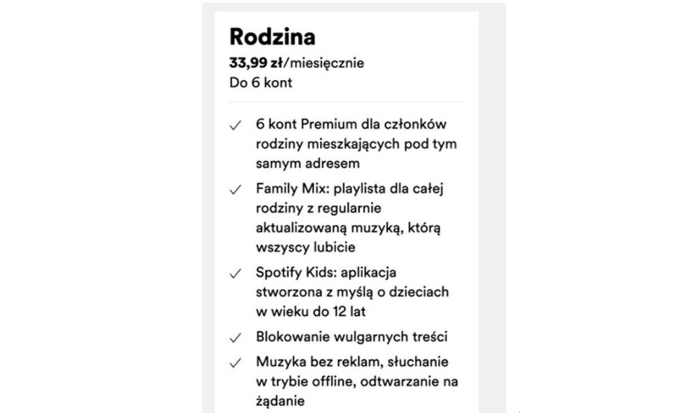 Spotify rodzina nowa cena