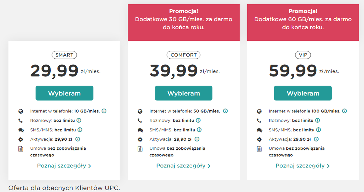UPC Polska pakiety mobilne bez telefonu