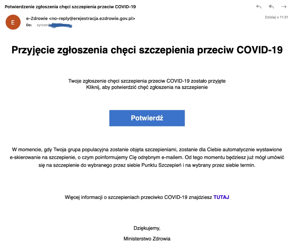potwierdzenie e-mail przy zapisach na szczepienie przeciwko COVID-19