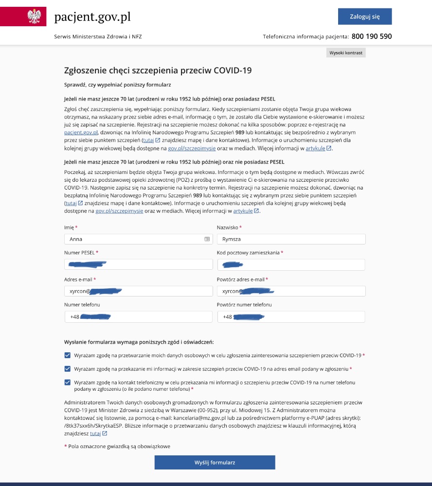 Formularz zgłoszenia na szczepienie przeciwko COVID-19