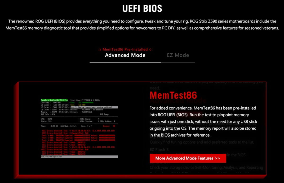 MemTest86 wgrany w UEFI BIOS płyt Asus ROG