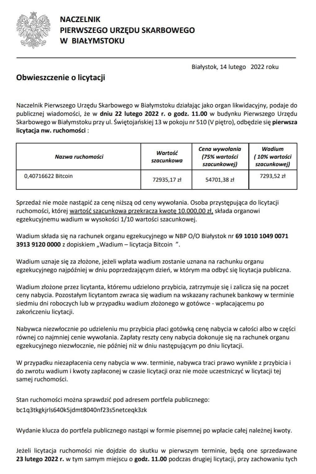 Bitcoin licytacja ogłoszenie
