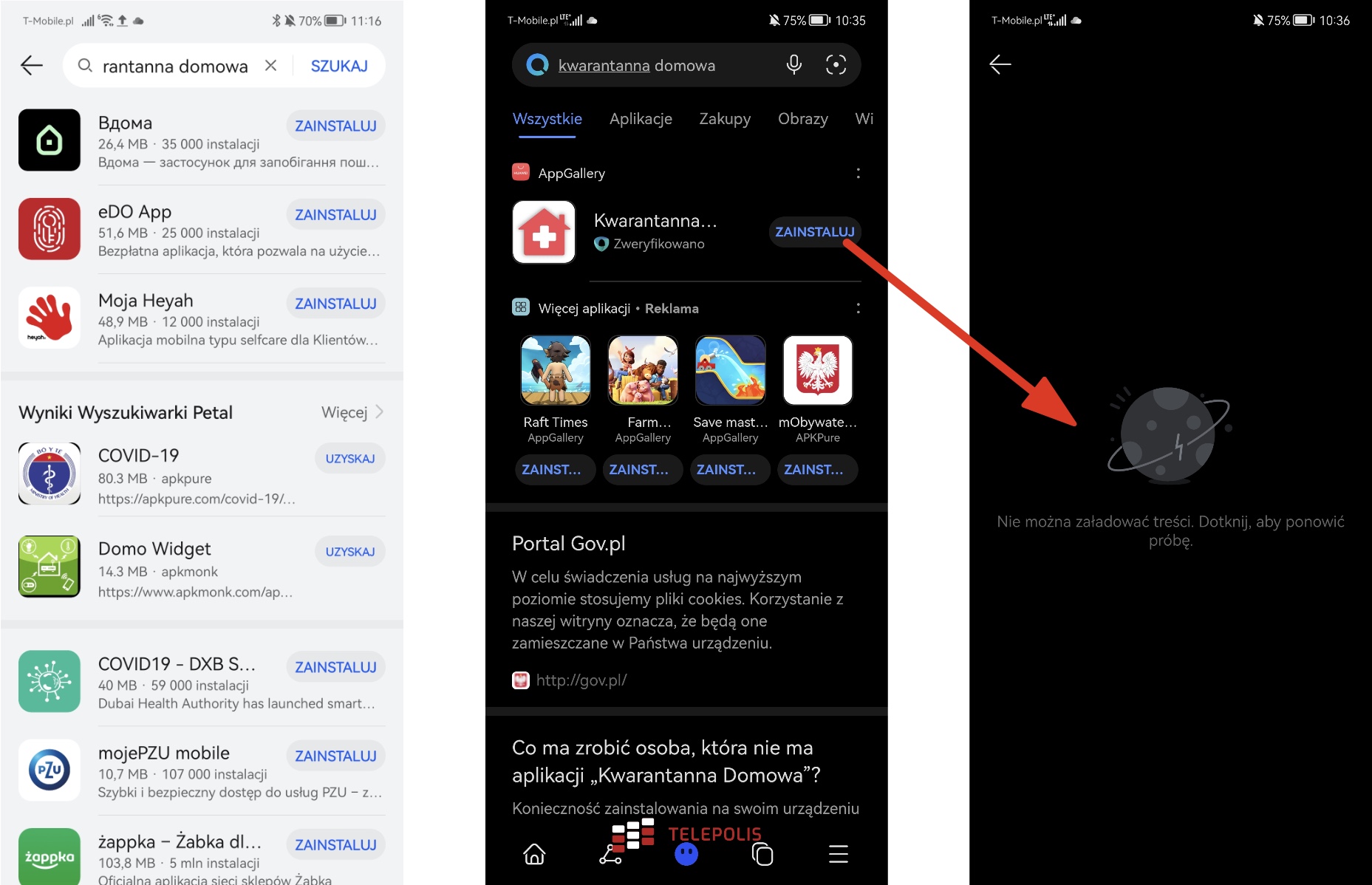 Wyniki wyszukiwania Kwarantanny Domowej w AppGallery
