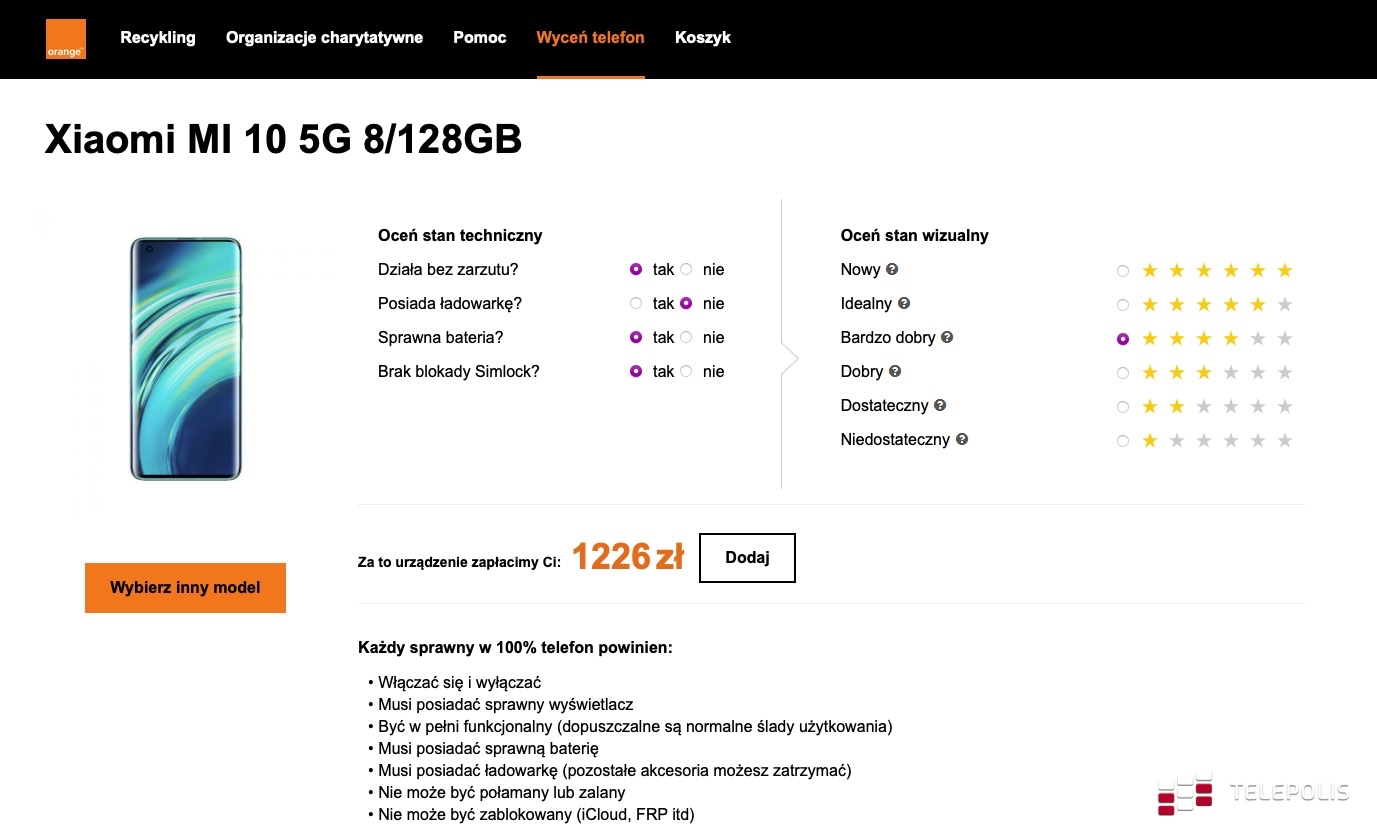 Orange Recykling, przykładowa wycenia telefonu Xiaomi Mi 10