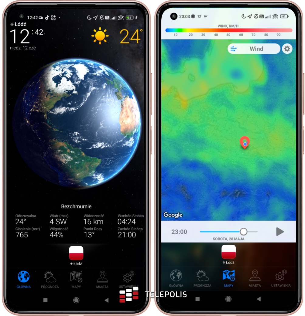 3D Earth widok planety i symulacja wiatru w aplikacji dla Androida