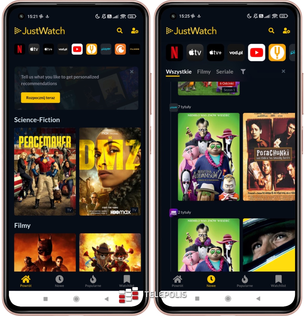 JustWatch pour Android - liste des séries et des films