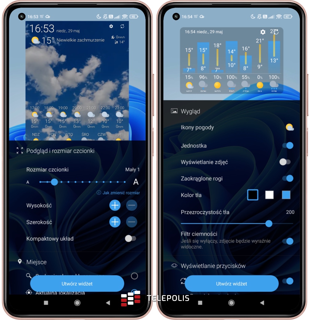 Ustawienia widżetów pogody Weaow