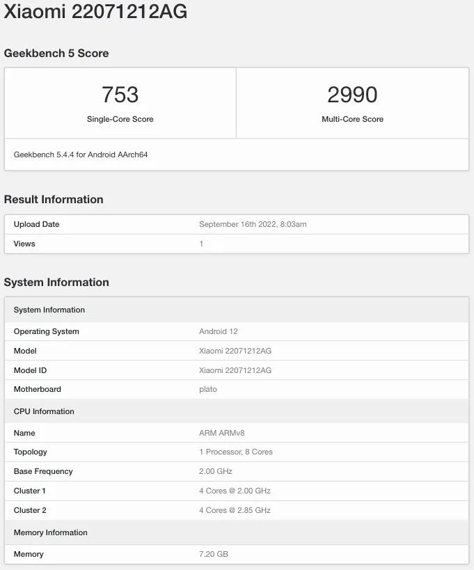 Xiaomi 12T w Geekbench