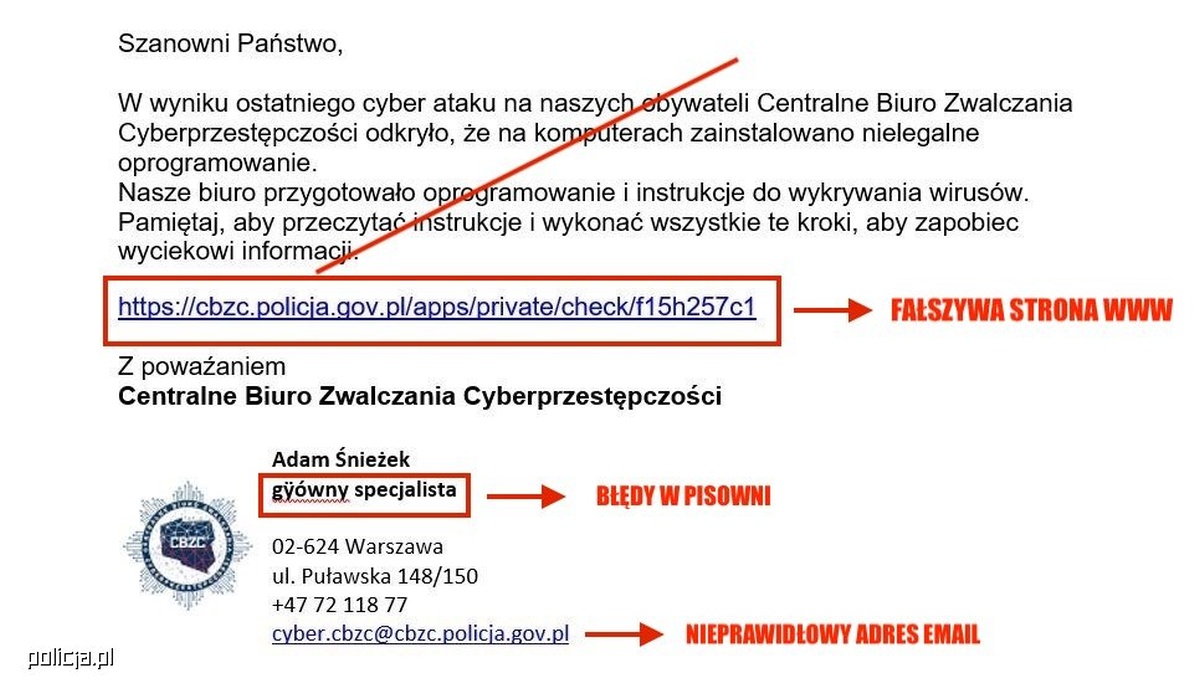 Policja oszustwo fałszywy e-mail