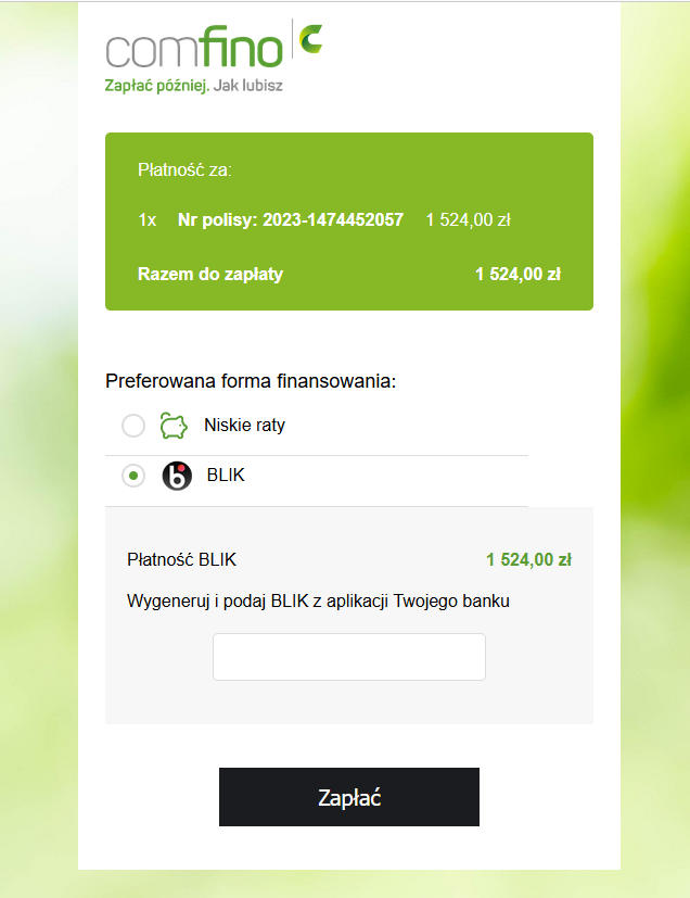 Panel klienta opłacającego ubezpieczenie w Comfino