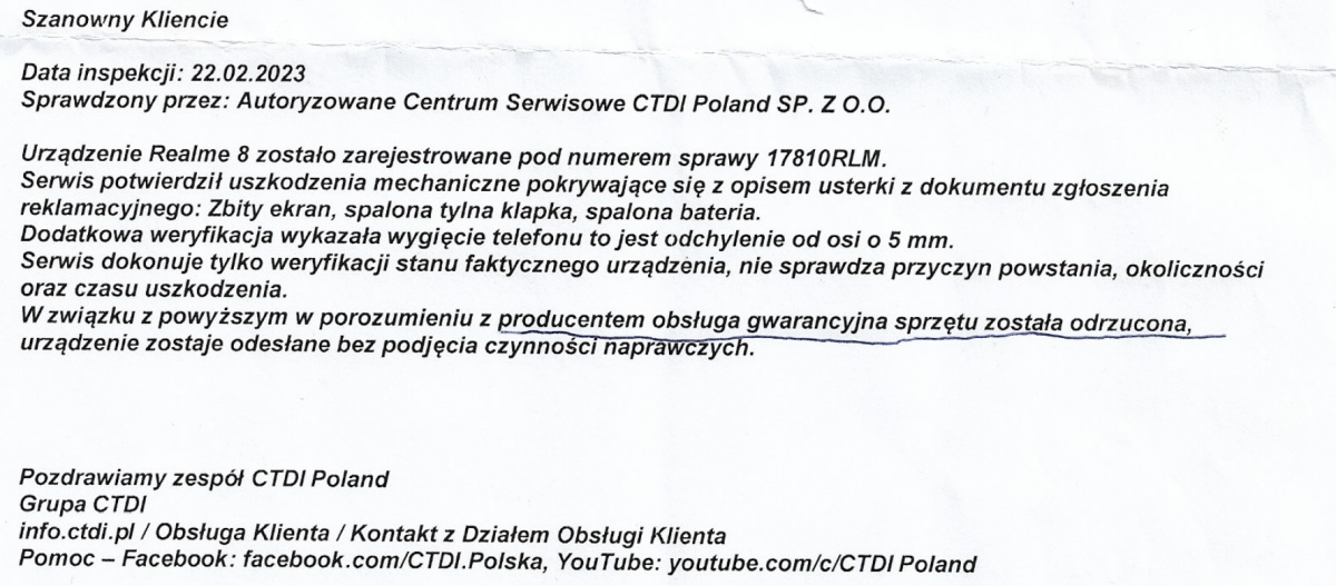 Realme 8 odpowiedź serwisu