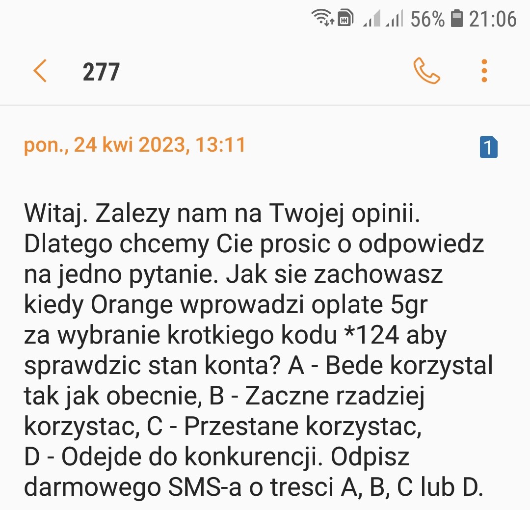 SMS od Orange ankieta