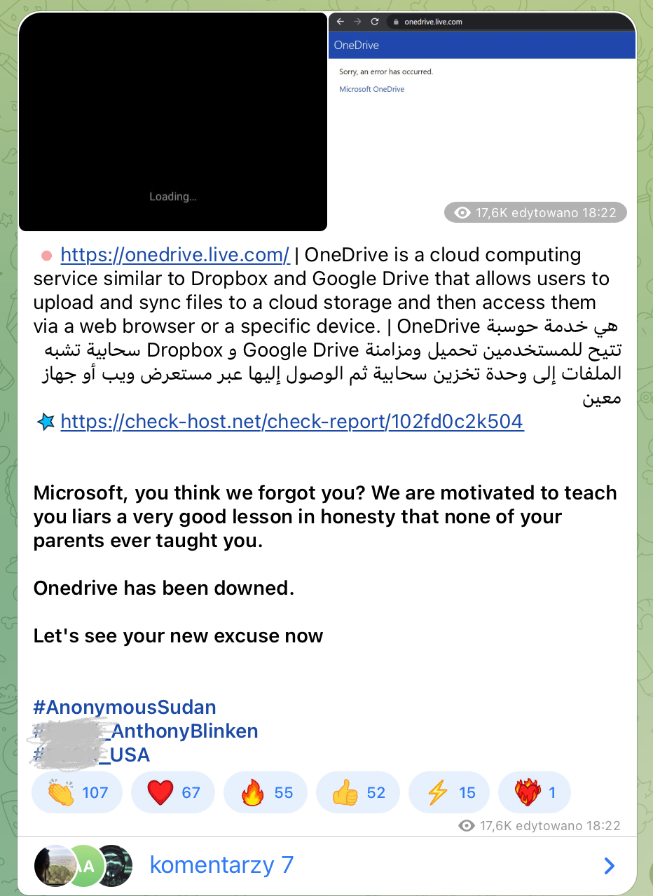 Wpis na Telegramie Anonymous Sudan