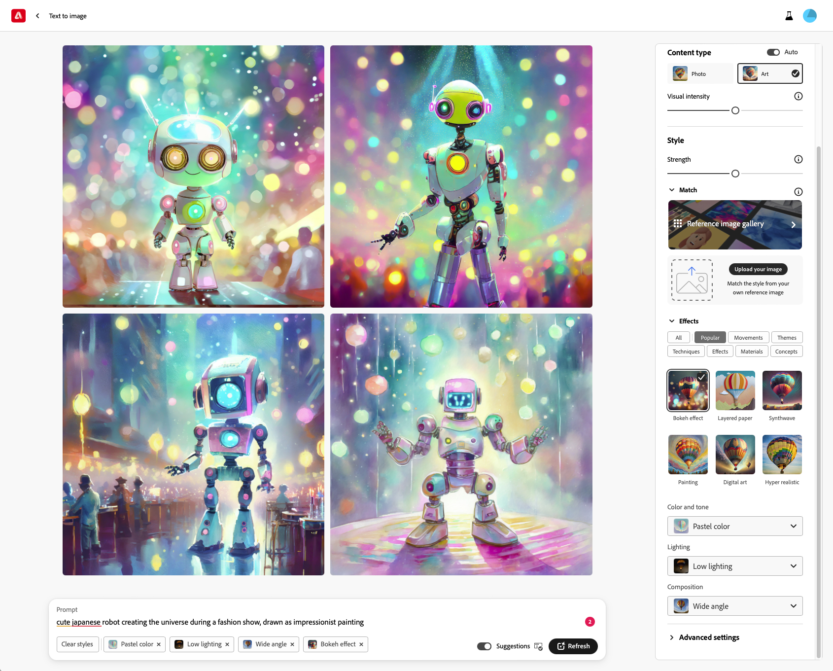 Adobe Firefly 2, przykładowe obrazy z robotem i pastelowymi kolorami