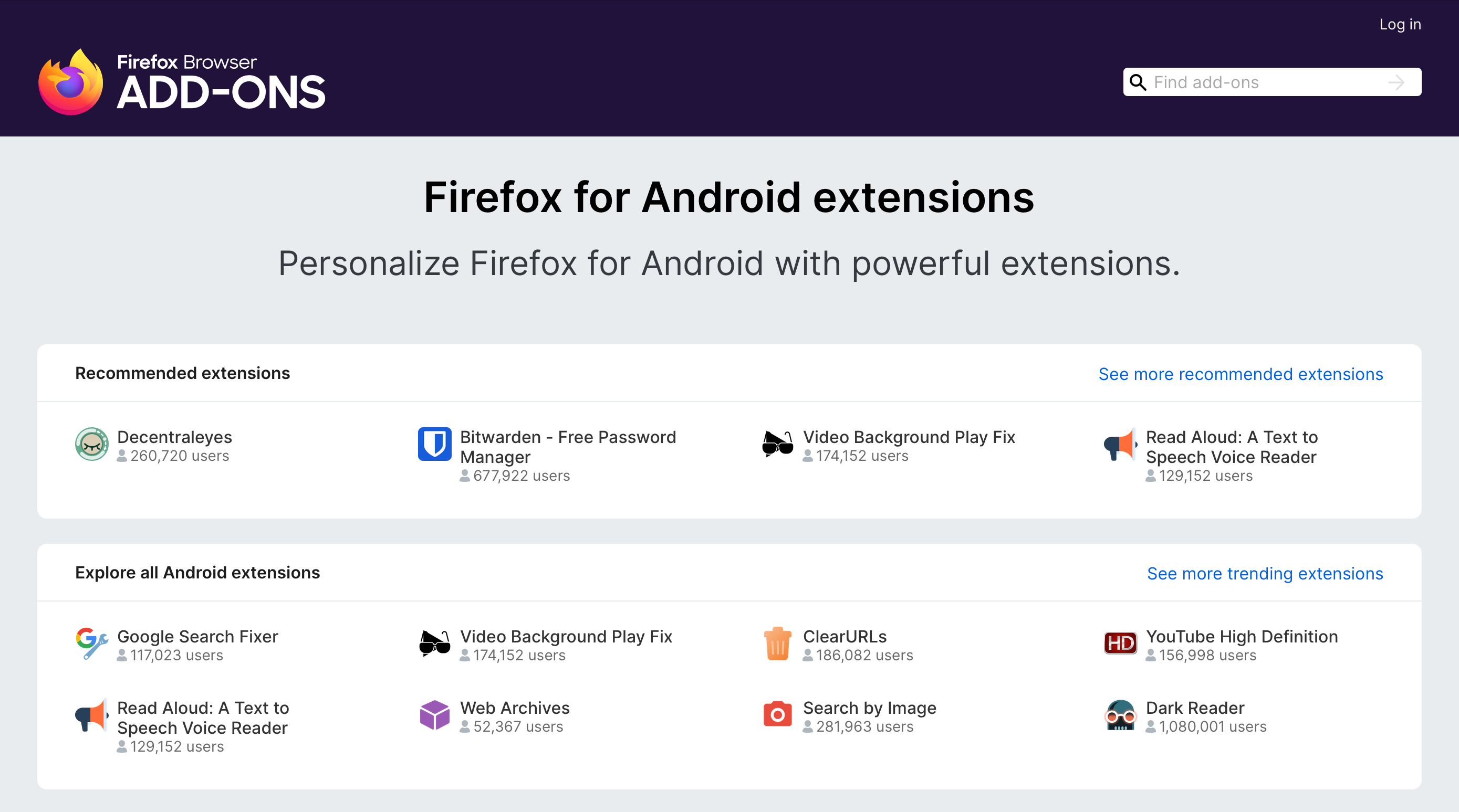 Strona z rozszerzeniami dla Firefoxa dla Androida
